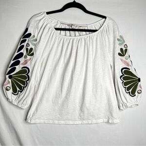 Boden Hayden Embroidered Jersey Top White Womens Sz 8 Medium Puff Sleeve Boho
